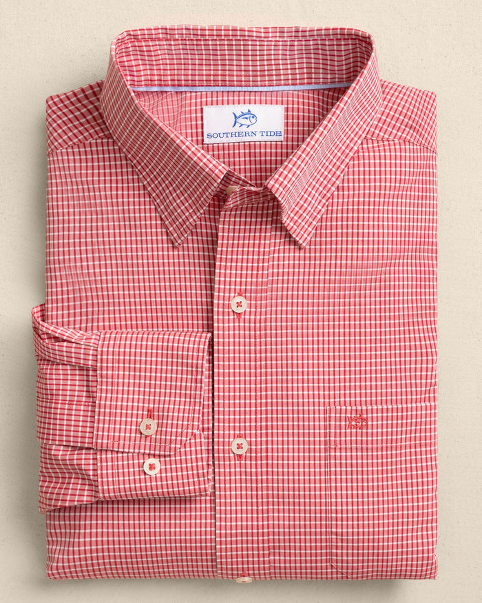 The front view of the Southern Tide Crofton Plaid Charleston Sport Shirt by Southern Tide - Grenadine Red