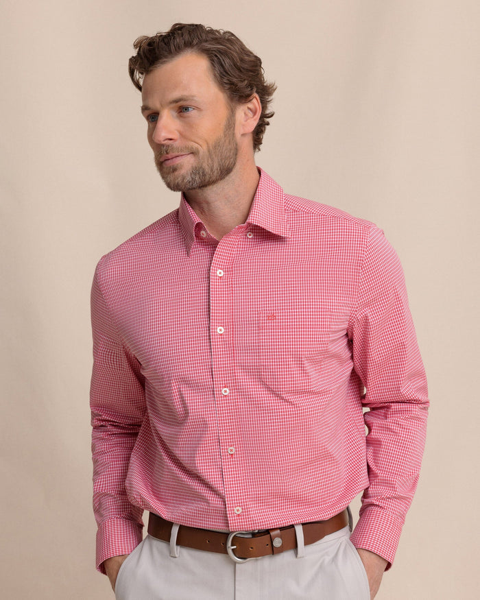 The front view of the Southern Tide Crofton Plaid Charleston Sport Shirt by Southern Tide - Grenadine Red