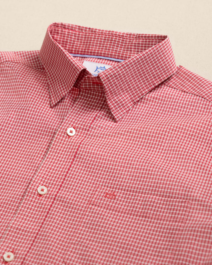 The detail view of the Southern Tide Crofton Plaid Charleston Sport Shirt by Southern Tide - Grenadine Red