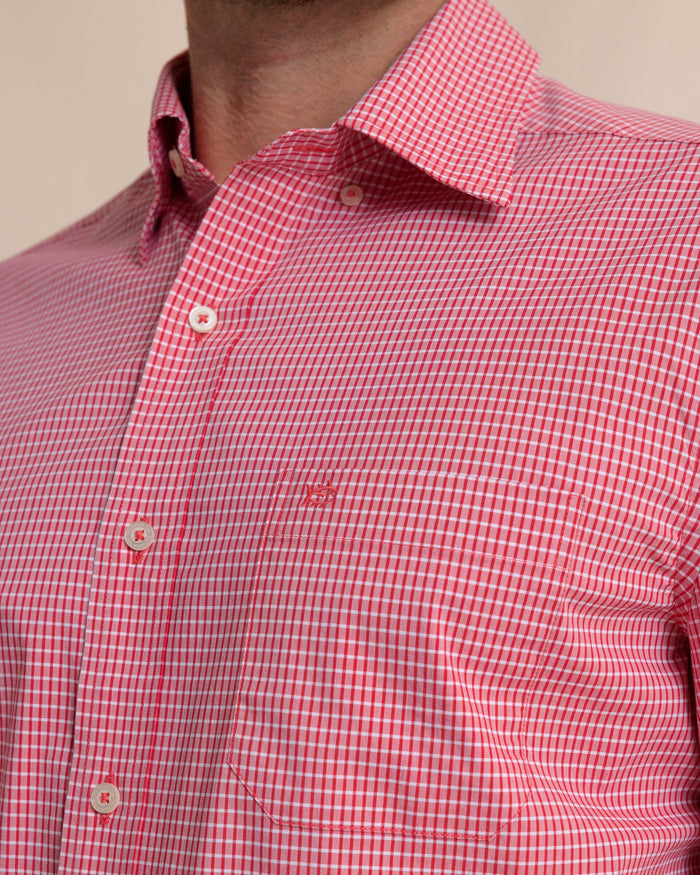 The detail view of the Southern Tide Crofton Plaid Charleston Sport Shirt by Southern Tide - Grenadine Red