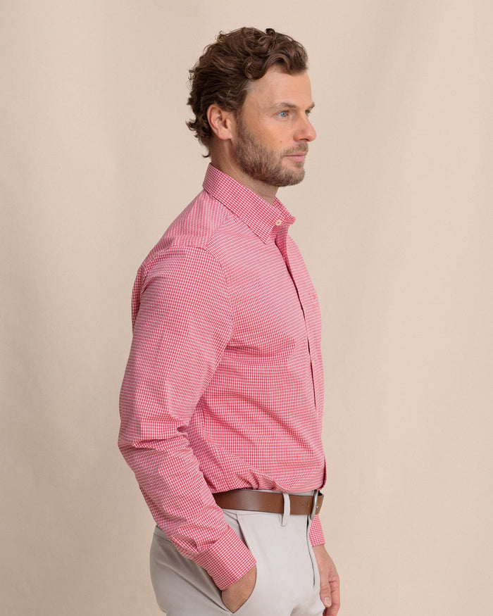 The side view of the Southern Tide Crofton Plaid Charleston Sport Shirt by Southern Tide - Grenadine Red