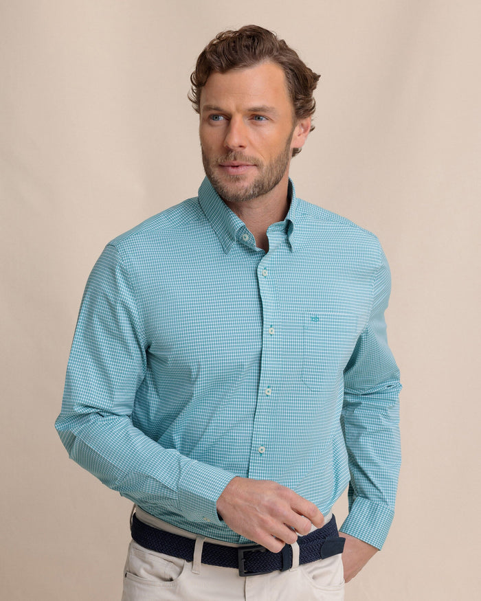 The front view of the Southern Tide Crofton Plaid Charleston Sport Shirt by Southern Tide - Spruce Shade