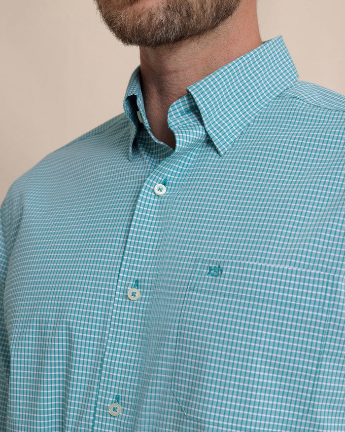 The detail view of the Southern Tide Crofton Plaid Charleston Sport Shirt by Southern Tide - Spruce Shade