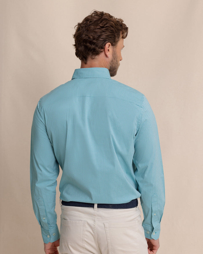 The back view of the Southern Tide Crofton Plaid Charleston Sport Shirt by Southern Tide - Spruce Shade