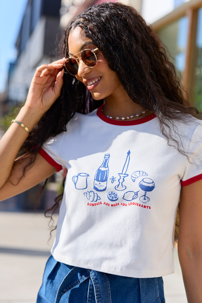 Croissants For Dinner White Graphic Cropped Tee FINAL SALE