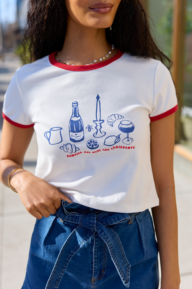 Croissants For Dinner White Graphic Cropped Tee FINAL SALE