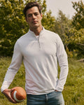 The lifestyle view of the Southern Tide Cruiser Micro-Stripe Heather Quarter Zip by Southern Tide - Heather Slate Grey