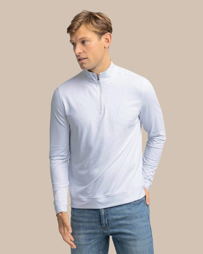 The front view of the Southern Tide Cruiser Micro-Stripe Heather Quarter Zip by Southern Tide - Heather Slate Grey