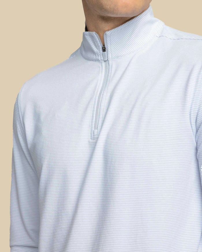 The detail view of the Southern Tide Cruiser Micro-Stripe Heather Quarter Zip by Southern Tide - Heather Slate Grey