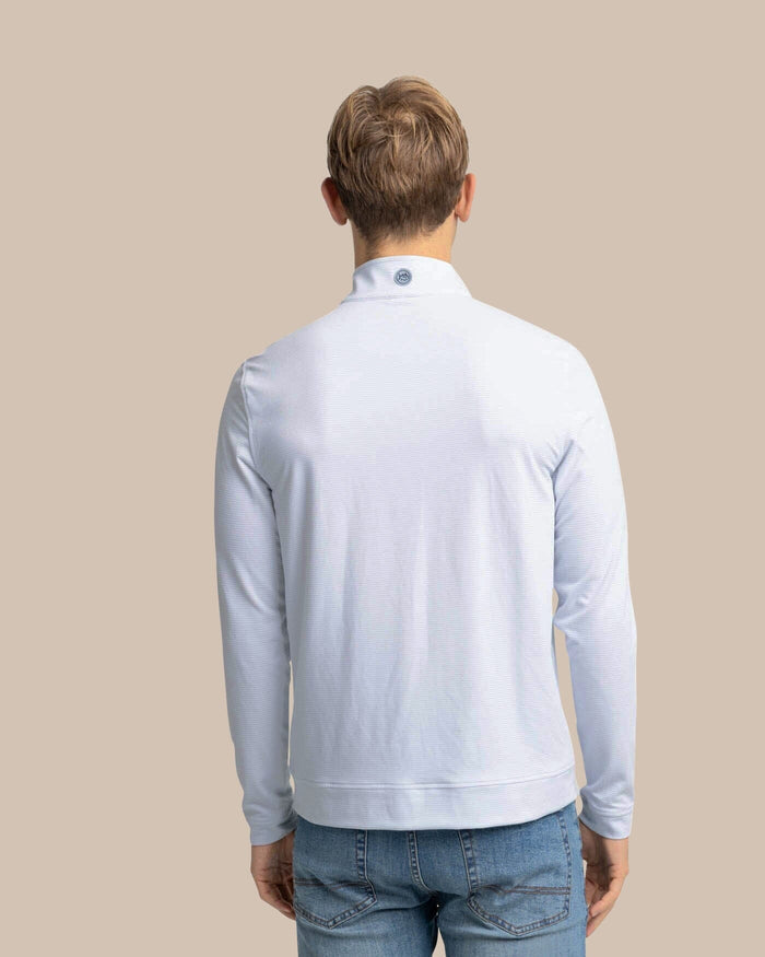 The back view of the Southern Tide Cruiser Micro-Stripe Heather Quarter Zip by Southern Tide - Heather Slate Grey