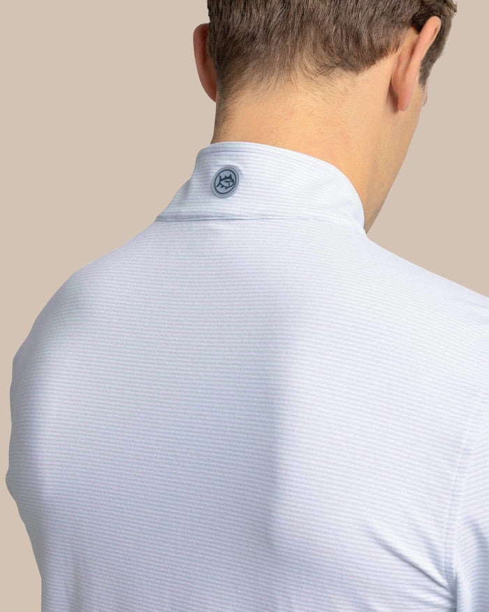 The yoke view of the Southern Tide Cruiser Micro-Stripe Heather Quarter Zip by Southern Tide - Heather Slate Grey