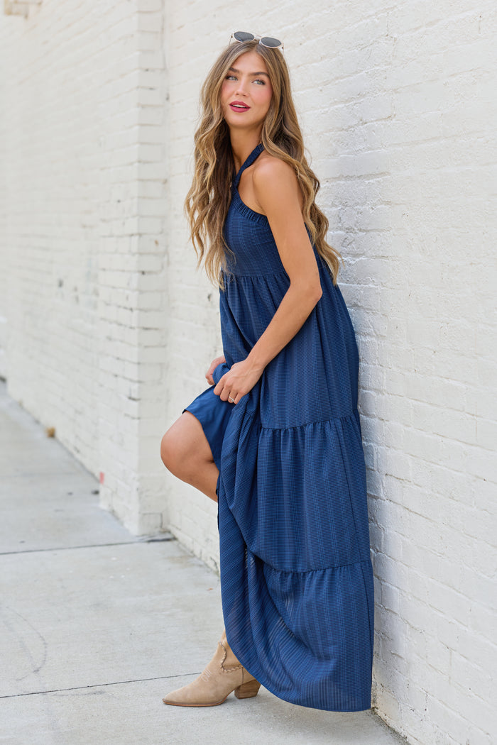 Crystal Navy Halter Maxi Dress