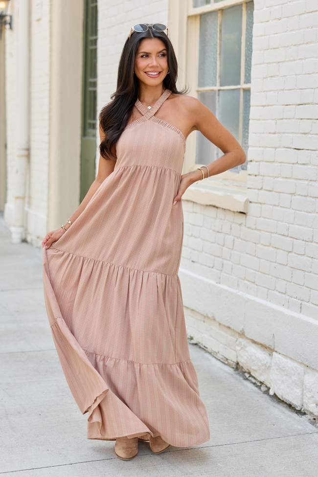 Crystal Taupe Halter Maxi Dress