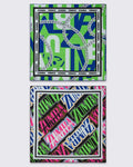 Two square fashion bandanas displayed vertically against a light background. The top bandana features a green, blue, and white Zumba-themed graphic with a rope motif and black border. The bottom bandana displays Zumba in different colors and a black and white border.