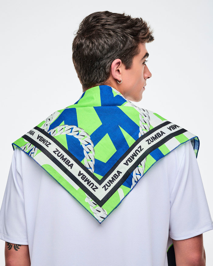 Male model, from behind showing off a  colorful Zumba bandana on their shoulders.