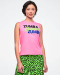 Female model wearing a pink Zumba tank top and green leopard print pants on a white background.