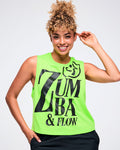 Female model wearing a neon green sleeveless Zumba tank with oversized black “ZUMBA & FLOW” text and Zumbito graphic, paired with black pants.