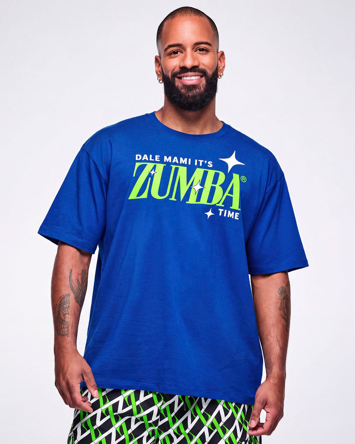 Male model wearing a blue Zumba t-shirt on a white background.