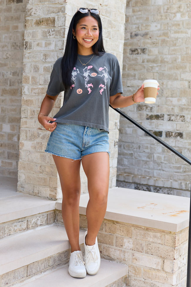 Dancing Skeletons Dark Grey Boxy Graphic Tee