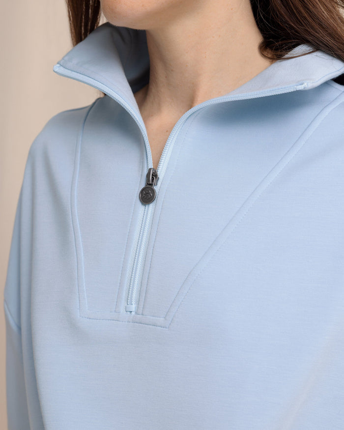 The detail view of the Southern Tide Danielle Luxe Lounge Quarter Zip by Southern Tide - Cerulean