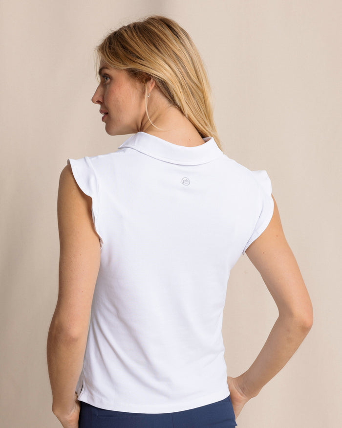 The back view of the Southern Tide Dayna Active Ruffle Polo Tank by Southern Tide - Classic White