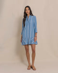 The front view of the Southern Tide Delilah Stripe Popover Dress by Southern Tide - Nautical Blue