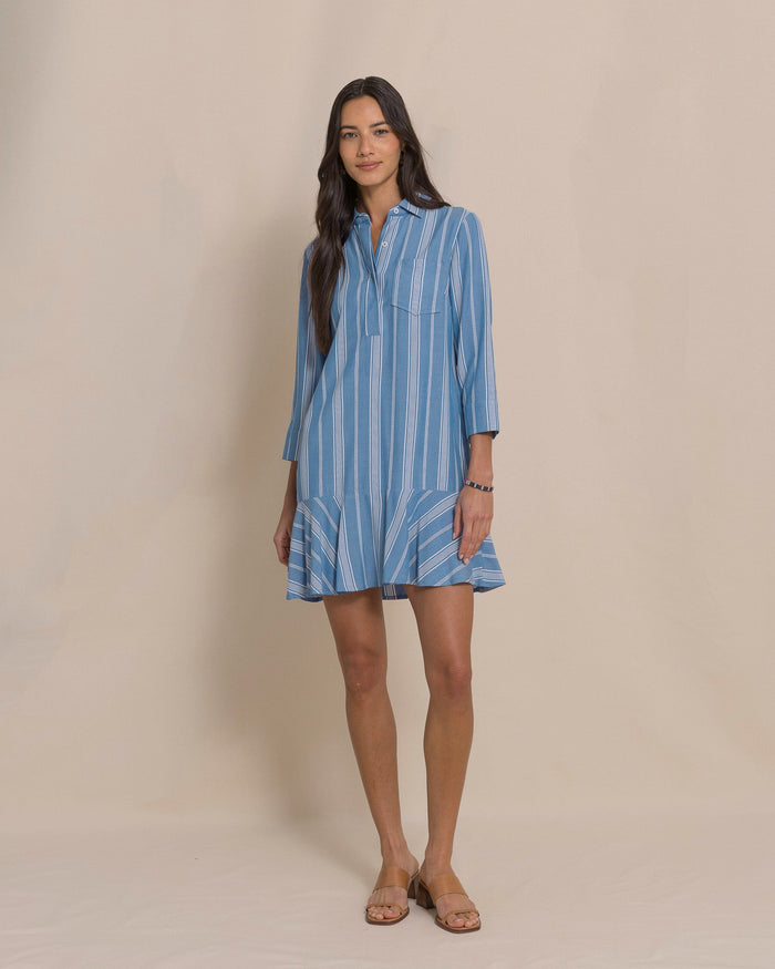 The front view of the Southern Tide Delilah Stripe Popover Dress by Southern Tide - Nautical Blue
