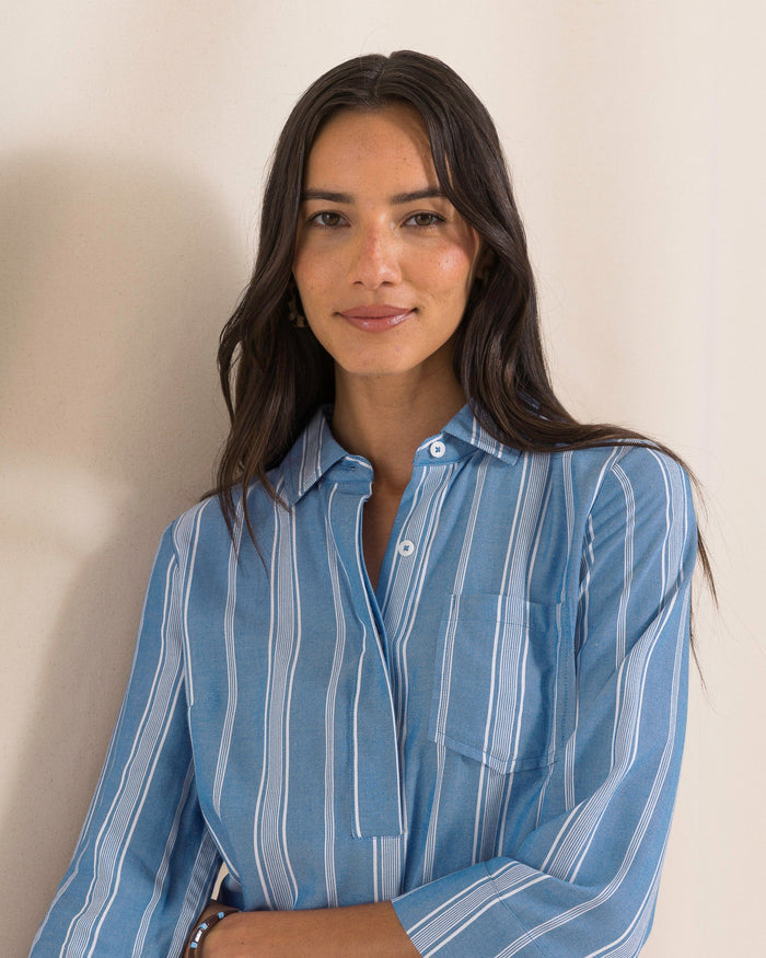 The front view of the Southern Tide Delilah Stripe Popover Dress by Southern Tide - Nautical Blue