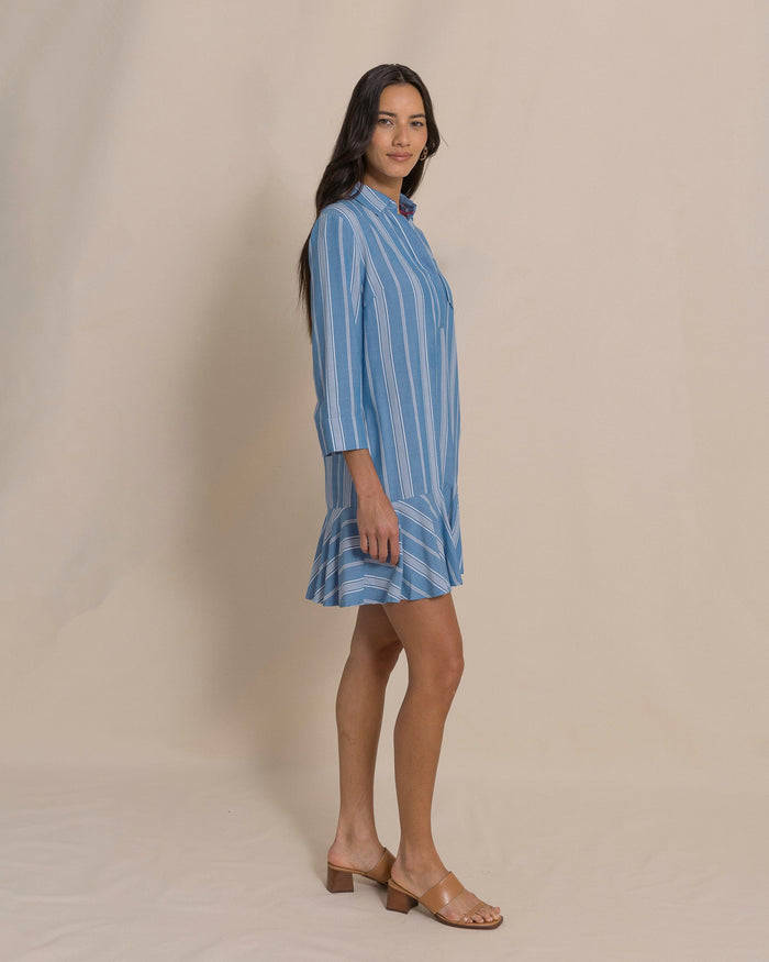 The side view of the Southern Tide Delilah Stripe Popover Dress by Southern Tide - Nautical Blue