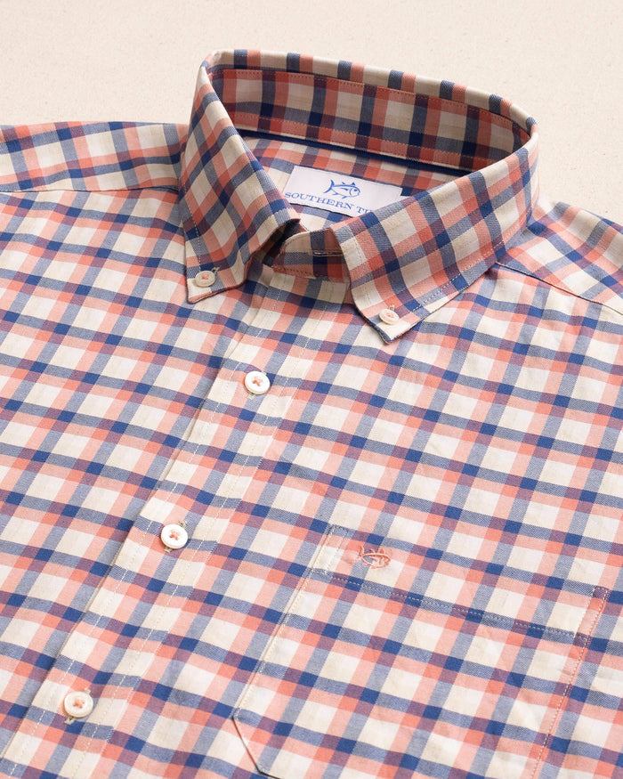 The detail view of the Southern Tide Diamond Cove Heather Skipjack Sport Shirt by Southern Tide - Heather Coral Beach
