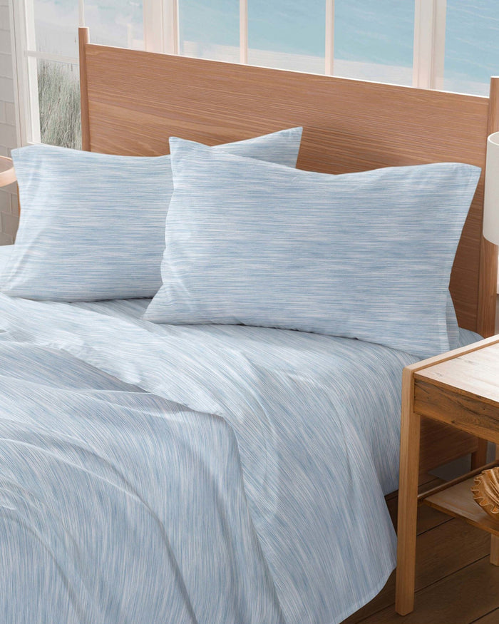 The detail view of the Southern Tide Distressed Stripe Sheet Set by Southern Tide - Blue