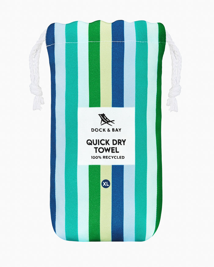 The front view of the Southern Tide Dock & Bay Quick Dry Beach Towel by Southern Tide - Cool Lagoon Blue