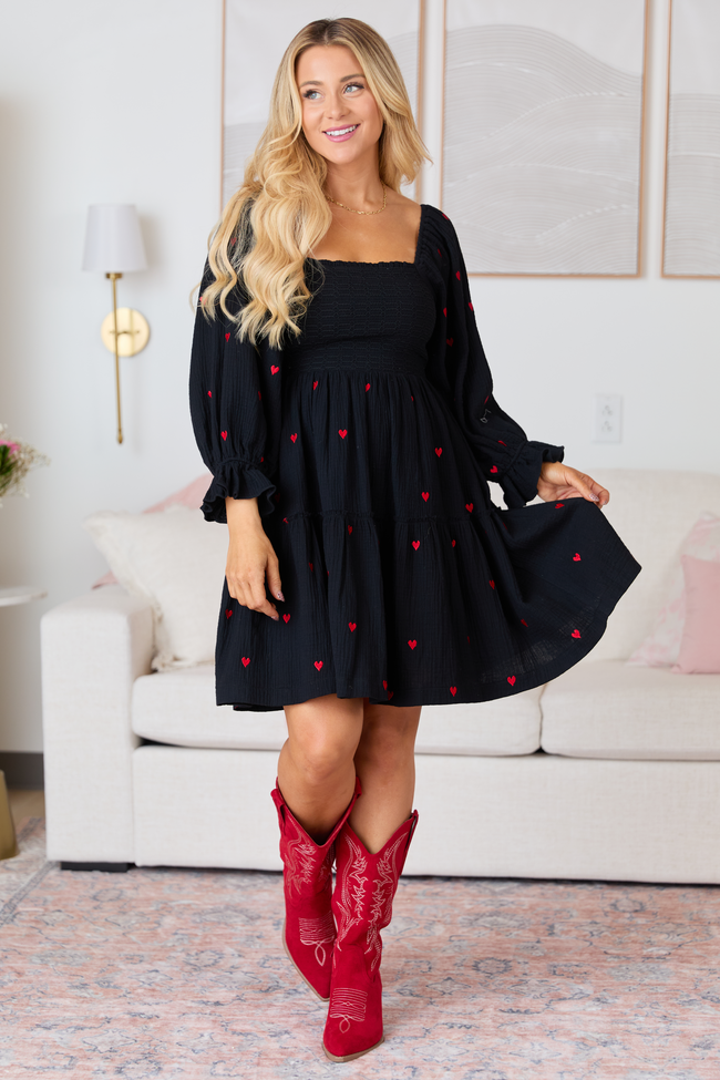 Dress To Impress Black Heart Smocked Top Mini Dress FINAL SALE