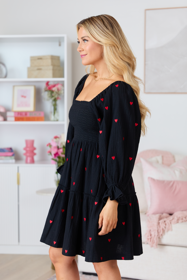 Dress To Impress Black Heart Smocked Top Mini Dress FINAL SALE