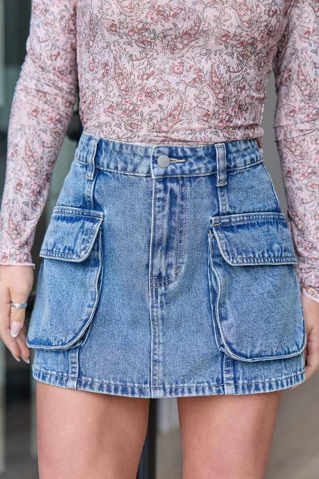 Drew Medium Wash Denim Cargo Skirt FINAL SALE