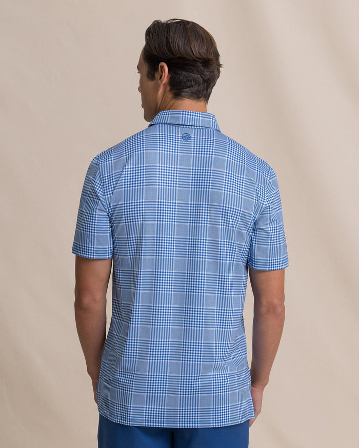 The back view of the Southern Tide Driver Coral Key Plaid Printed Polo by Southern Tide - Nautical Blue