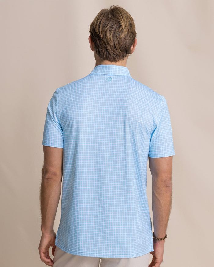 The back view of the Southern Tide Driver Dunes Edge Plaid Polo by Southern Tide - Tropical Breeze Blue