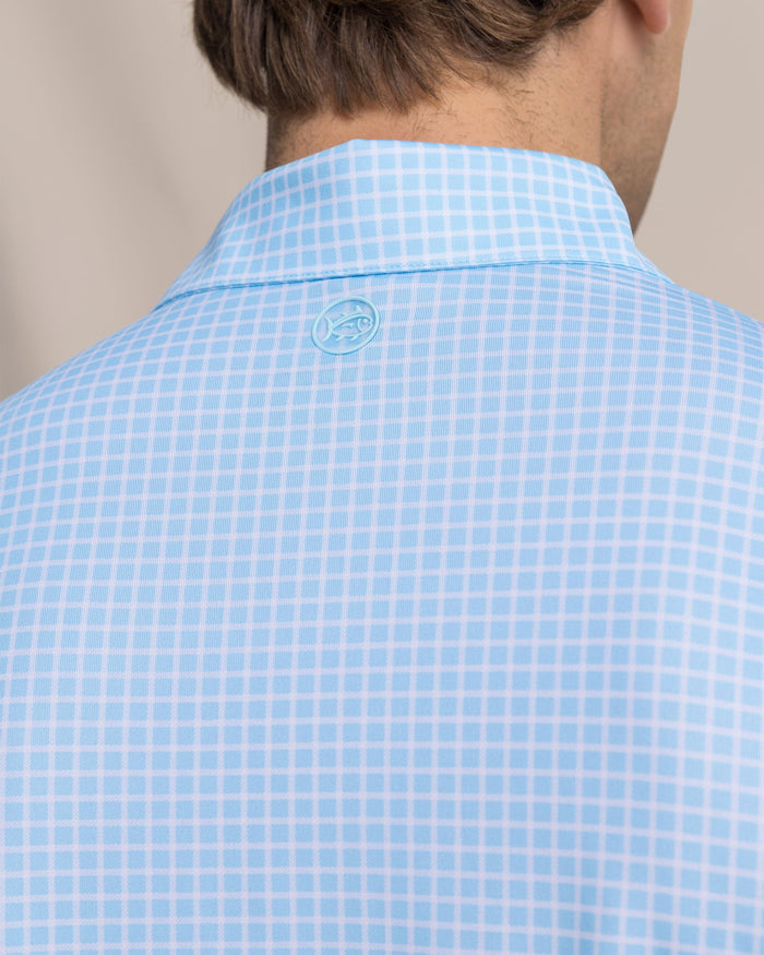 The detail view of the Southern Tide Driver Dunes Edge Plaid Polo by Southern Tide - Tropical Breeze Blue