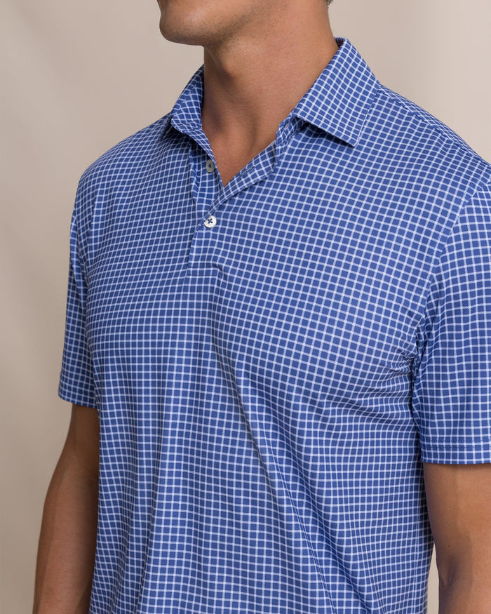 The detail view of the Southern Tide Driver Dunes Edge Plaid Polo by Southern Tide - Nautical Blue