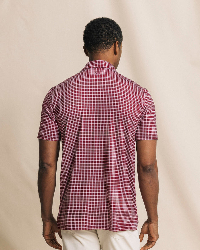 The back view of the Southern Tide Driver Dunes Edge Team Colors Plaid Polo by Southern Tide - Chianti