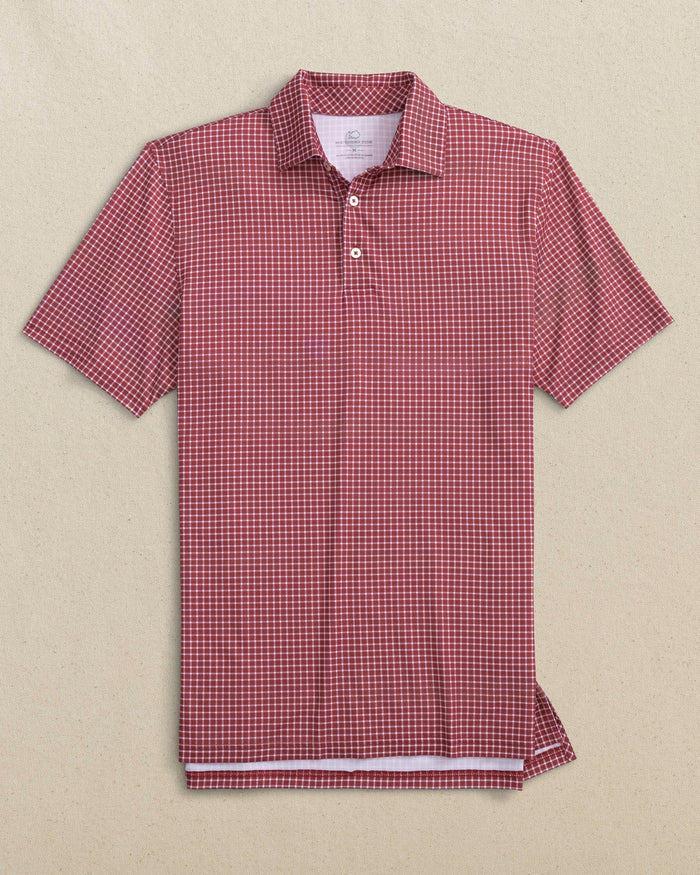 The front view of the Southern Tide Driver Dunes Edge Team Colors Plaid Polo by Southern Tide - Crimson