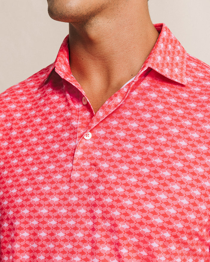 The detail view of the Southern Tide Driver Fintastic Frenzy Printed Polo by Southern Tide - Channel Marker Red