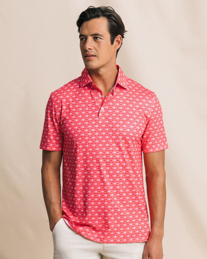 The front view of the Southern Tide Driver Fintastic Frenzy Printed Polo by Southern Tide - Channel Marker Red