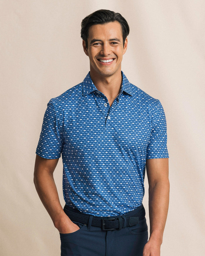 The front view of the Southern Tide Driver Fintastic Frenzy Printed Polo by Southern Tide - Ocean Channel