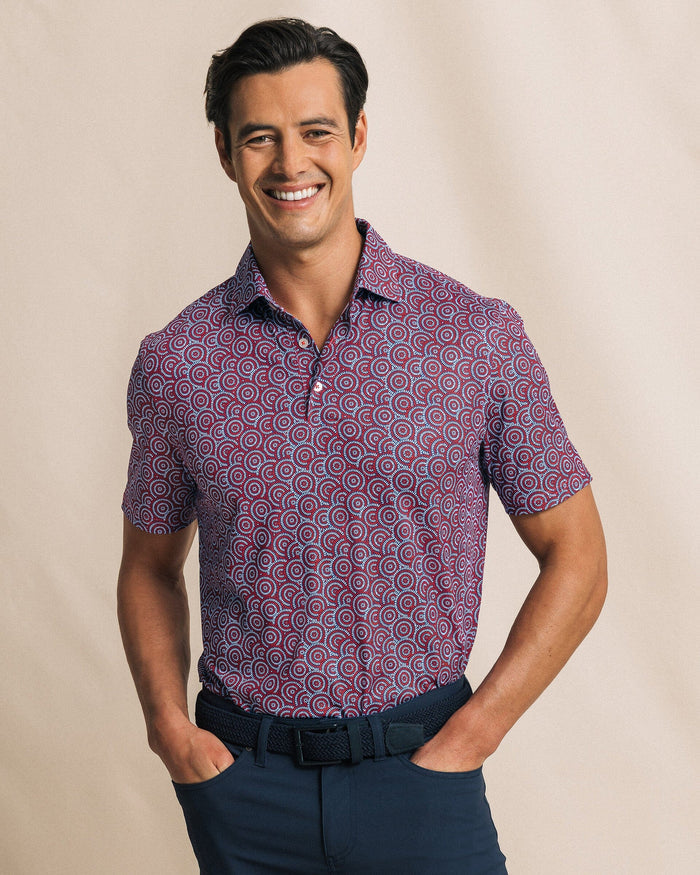 The front view of the Southern Tide Driver Fireworks Printed Polo by Southern Tide - Channel Marker Red