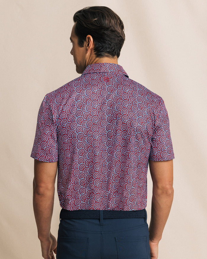 The back view of the Southern Tide Driver Fireworks Printed Polo by Southern Tide - Channel Marker Red