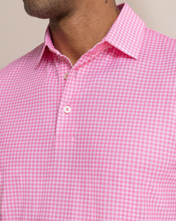 The detail view of the Southern Tide Driver Island View Gingham Printed Polo by Southern Tide - Island Pink