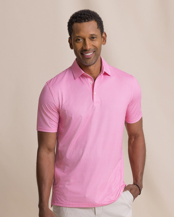 The front view of the Southern Tide Driver Island View Gingham Printed Polo by Southern Tide - Island Pink