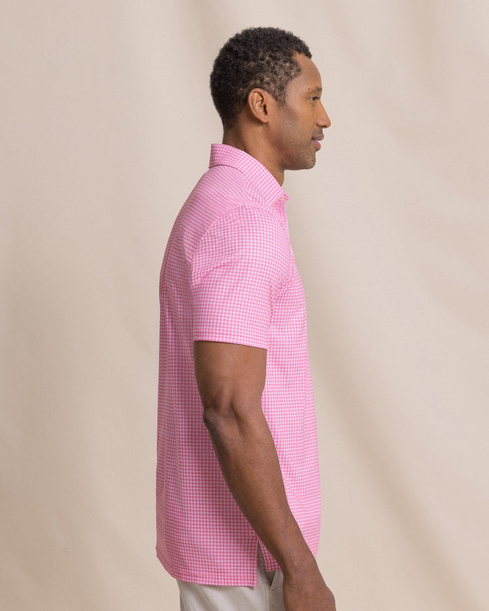 The side view of the Southern Tide Driver Island View Gingham Printed Polo by Southern Tide - Island Pink