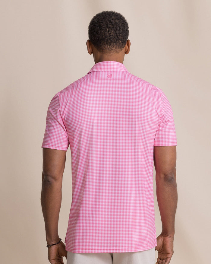 The back view of the Southern Tide Driver Island View Gingham Printed Polo by Southern Tide - Island Pink